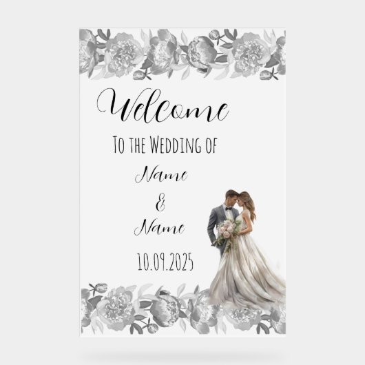 Bloemgrijs acryl bruiloft teken bord (Voorkant)