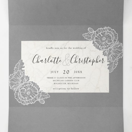 Bloemgrijs drievoudig alles in één bruiloft drieluik uitnodiging (Binnenkant midden)