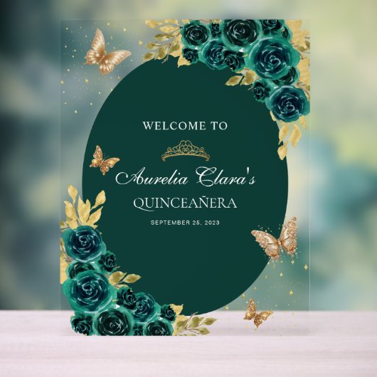 Bloemgroen goud tiara vlinder quinceañera acryl bord (Neutraal)