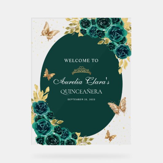 Bloemgroen goud tiara vlinder quinceañera acryl bord (Voorkant)