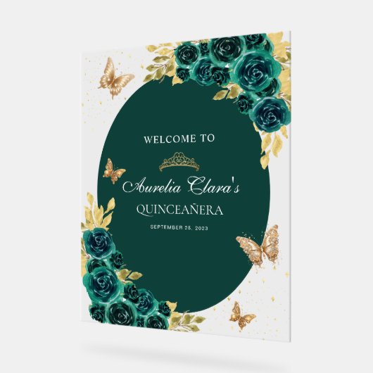 Bloemgroen goud tiara vlinder quinceañera acryl bord (Hoek)