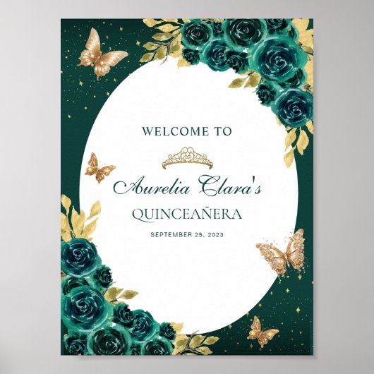 Bloemgroen goud tiara vlinder quinceañera poster (Voorkant)
