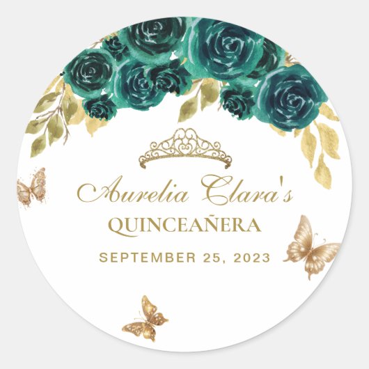 Bloemgroen goud tiara vlinder quinceañera ronde sticker (Voorkant)