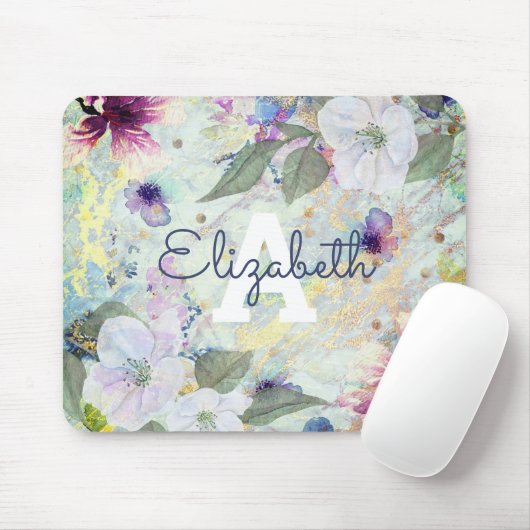 Bloemgroen goud waterverf monogram naam muismat (Met muis)