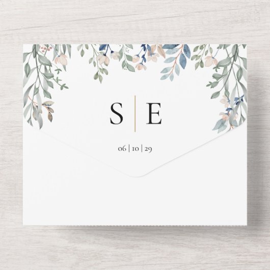 Bloemgroen Monogram QR Code Bruiloft All In One Uitnodiging (Achterkant)