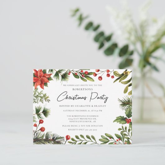 Bloemgroen Script Kerstvakantie feestje Uitnodiging Briefkaart (Staand voorkant)