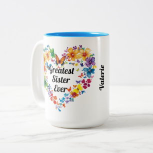 Bloemhart “Beste Zus Ooit” met Gedicht Tweekleurige Koffiemok