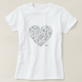 Bloemhart Doodle Romantische Botanische Lijnkunst T-shirt