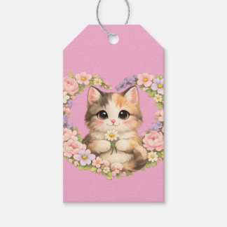 Bloemhart Kawaii kunst Kitten Cadeaulabel