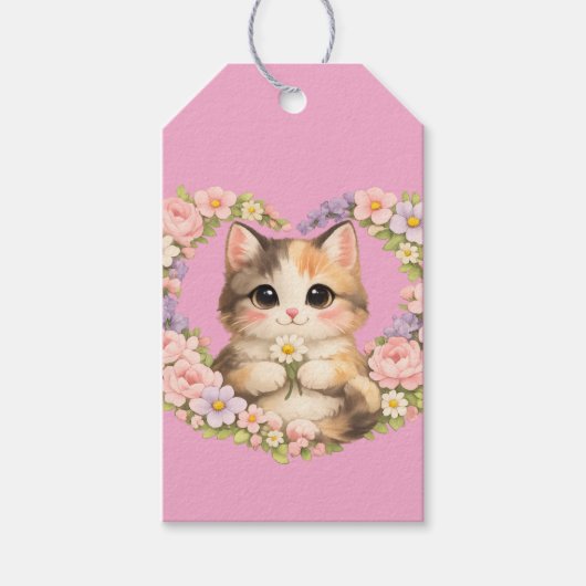 Bloemhart Kawaii kunst Kitten Cadeaulabel (Voorkant)