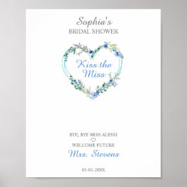 Bloemhart met bladeren in waterverf, blauw poster