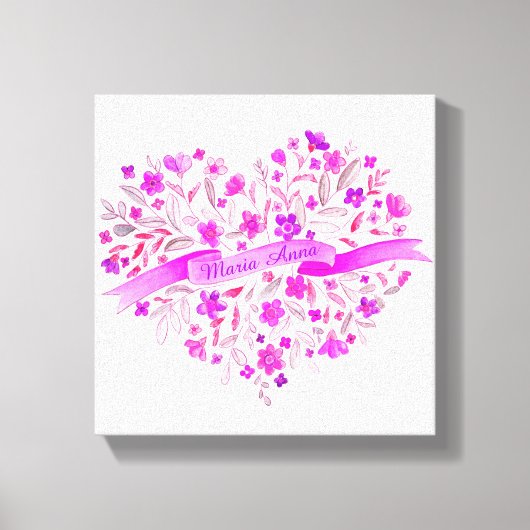 Bloemhart roze paars naam aquarel kunst canvas afdruk (Voorkant)