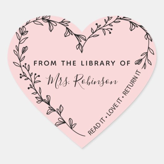 Bloemhartkrans Bibliotheek Roze Hart Sticker (Voorkant)