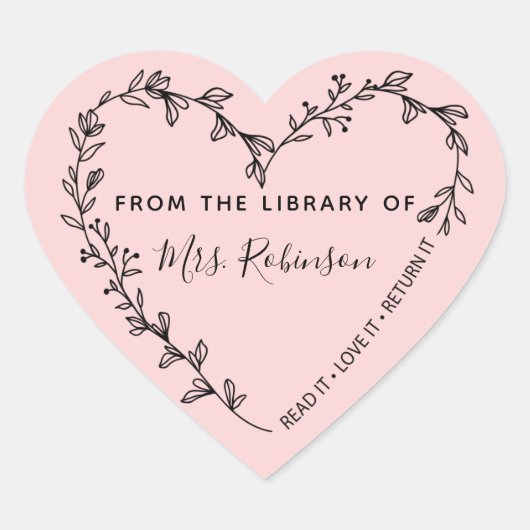 Bloemhartkrans Bibliotheek Roze Hart Sticker (Voorkant)