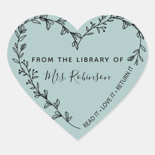 Bloemhartkrans Bibliotheek Rustiek Teal Hart Sticker (Voorkant)