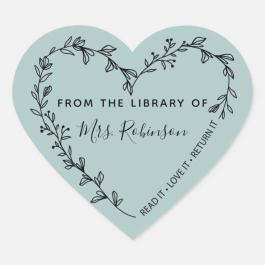 Bloemhartkrans Bibliotheek Rustiek Teal Hart Sticker (Voorkant)