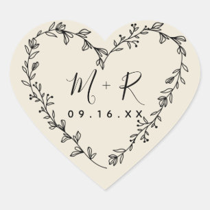 Bloemhartkrans Calligrafie Initialen Hart Sticker