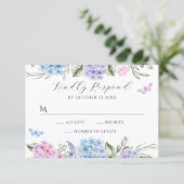 Bloemhortensia vlinder RSVP kaartje (Staand voorkant)