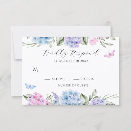 Bloemhortensia vlinder RSVP kaartje (Voorkant)