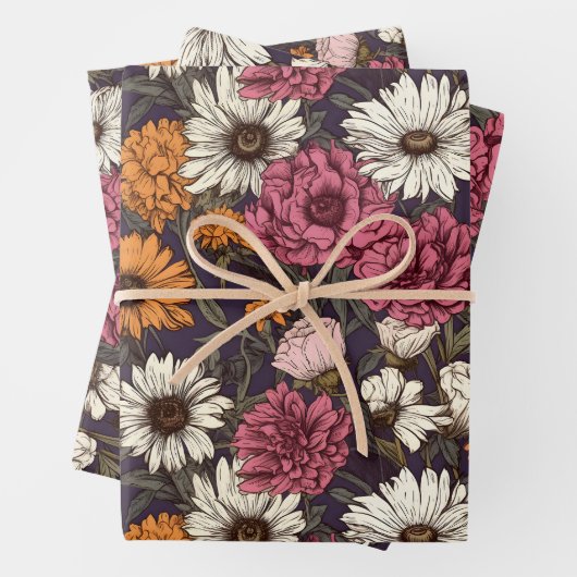  bloemig Antiek marineblauw roze bloemen Inpakpapier Vel (In situ)