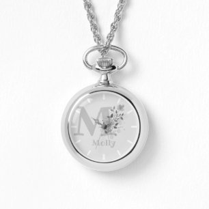 Bloemig beeld met cijfers, naam & initiaal dames horloge