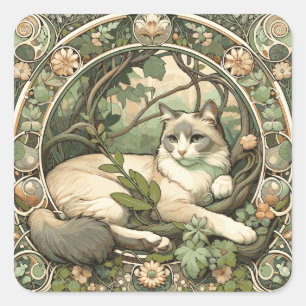 Bloemig Beige en Sage Art Nouveau Cat Vierkante Sticker