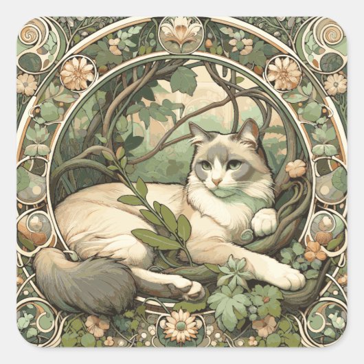 Bloemig Beige en Sage Art Nouveau Cat Vierkante Sticker (Voorkant)