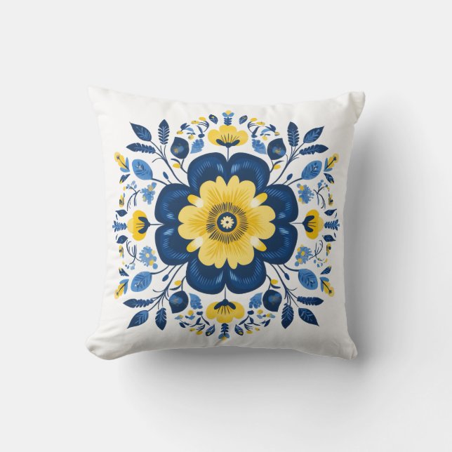 Bloemig Blauw & Geel  Kussen (Voorkant)
