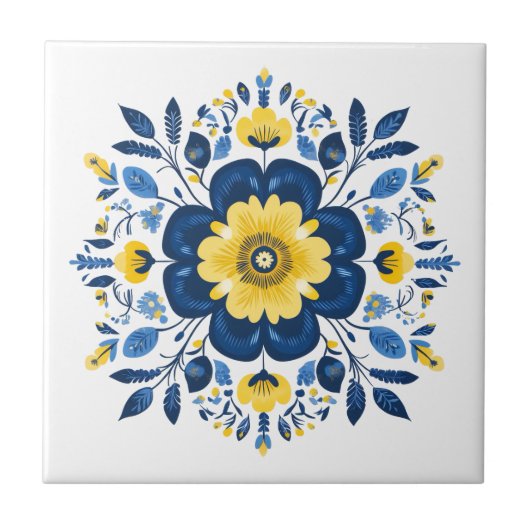 Bloemig Blauw & Geel Tegeltje (Voorkant)
