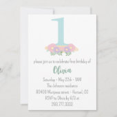 Bloemig blauw, roze pastel 1e verjaardagsfeestje kaart (Voorkant)