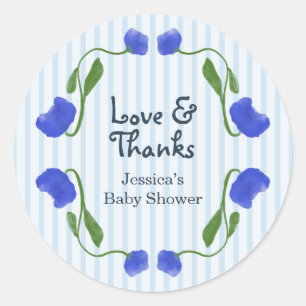 Bloemig Blauw Schattig Liefde en Dank Baby Shower Ronde Sticker