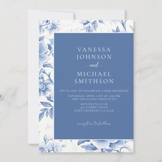 Bloemig Blauw Witte Toile De Jouy Kaart (Voorkant)