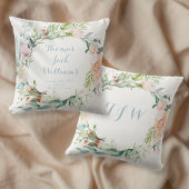 Bloemig blauwe monogram baby geboorte statistieken kussen