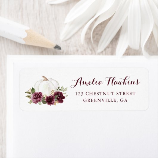 Bloemig bordeauxrode pompoen herfst retouradres etiket (Insitu)