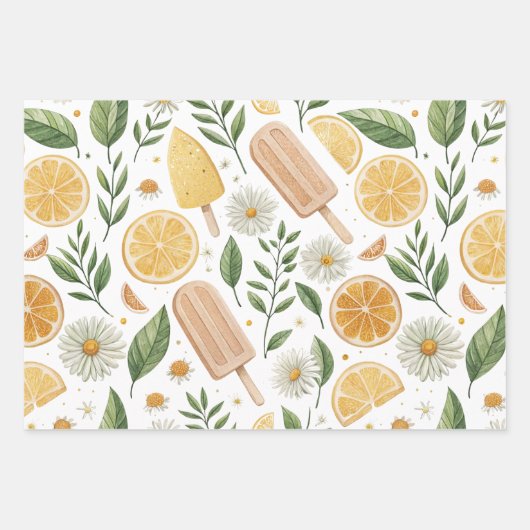 Bloemig citrus inpakpapier – set van 3 vellen (Voorkant)