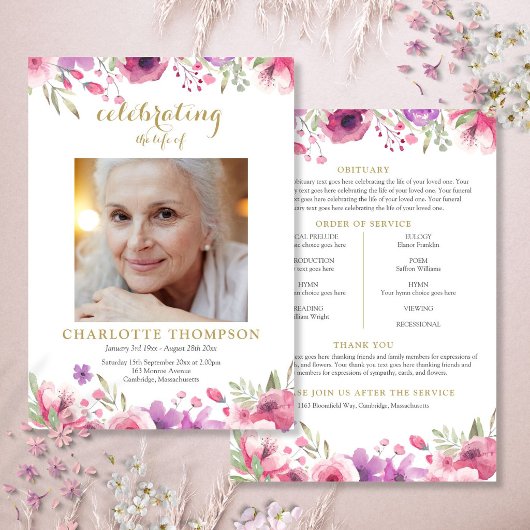 Bloemig foto rouwkaart programma