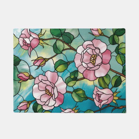 Bloemig glas-in-lood effect roze bloemen botanisch deurmat (Voorkant)