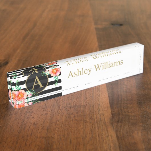  Bloemig Goud Monogram Zwart Wit Streep Naambordje (Zijkant)