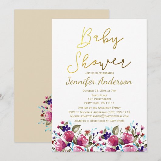 Bloemig Gouden Roze Roos Waterverf Baby Shower Kaart (Voorkant / Achterkant)