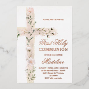 Bloemig Heilig Kruis Eerste Heilige Communie Folie Uitnodiging