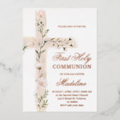 Bloemig Heilig Kruis Eerste Heilige Communie Folie Uitnodiging (Voorkant)