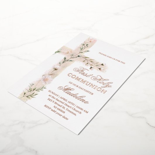 Bloemig Heilig Kruis Eerste Heilige Communie Folie Uitnodiging (Gedraaid)