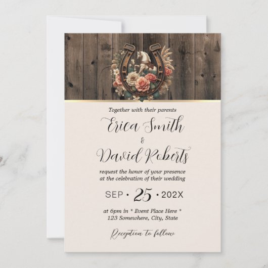  bloemig Hoefijzer Elegant Paardenbruiloft Kaart (Voorkant)