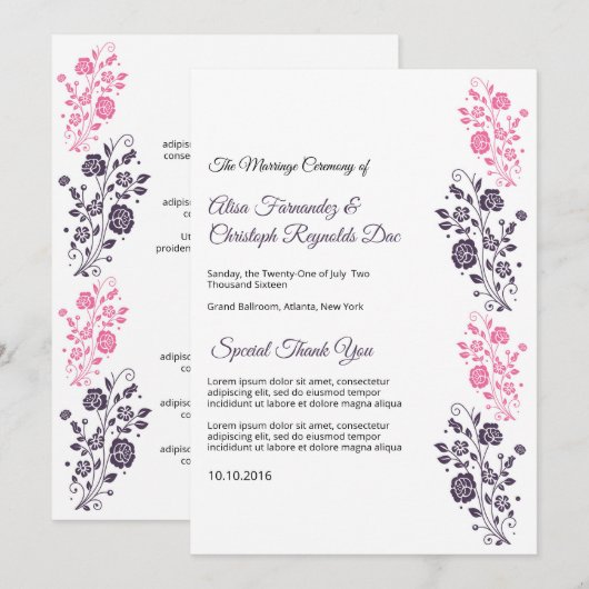 Bloemig Huwelijksventilator Programmasjabloon Kaart (Voorkant / Achterkant)