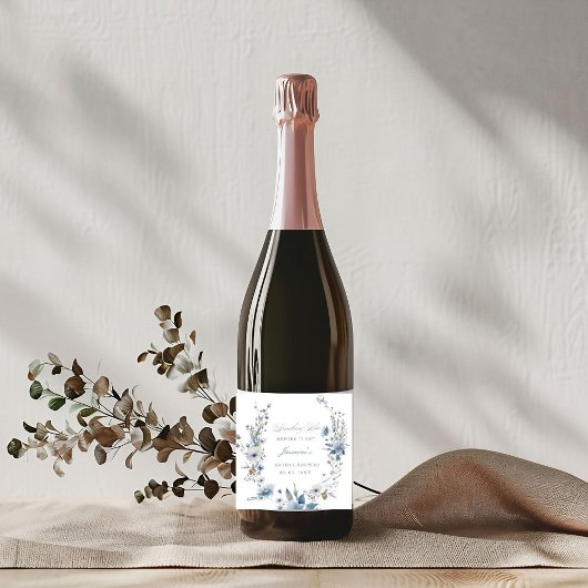 Bloemig Iets blauw voor ik het doe Bruidsfeest Sparkling Wijnetiket