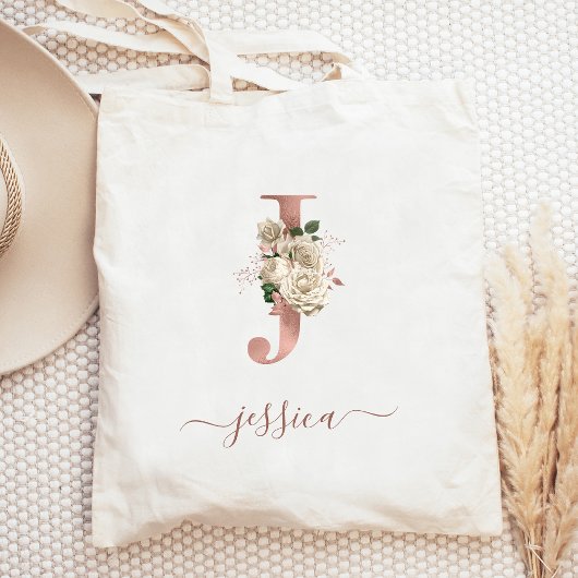 Bloemig Ivoor Roze Goud Monogram Letter J Tote Bag