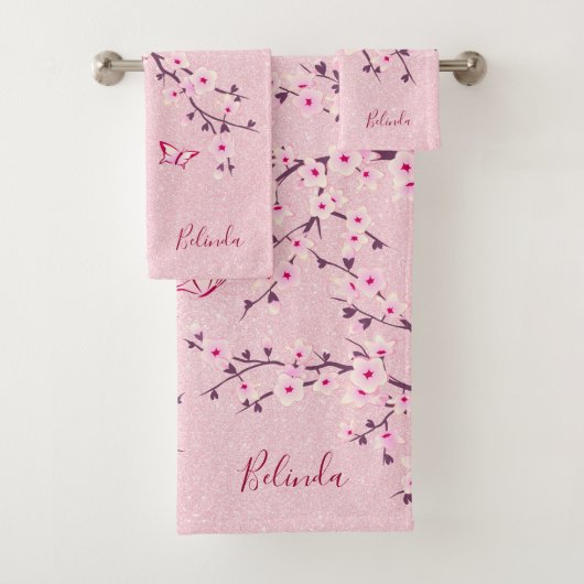 Bloemig kersenbloesem monogram naam roze glitters bad handdoek (Insitu)