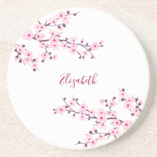 Bloemig Kersenbloesem Roze Wit Monogram Zandsteen Onderzetter