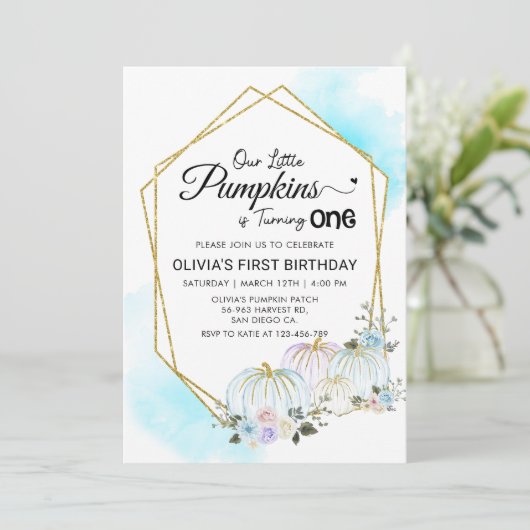 Bloemig klein pompoen 1e verjaardagsfeest kaart (Staand voorkant)