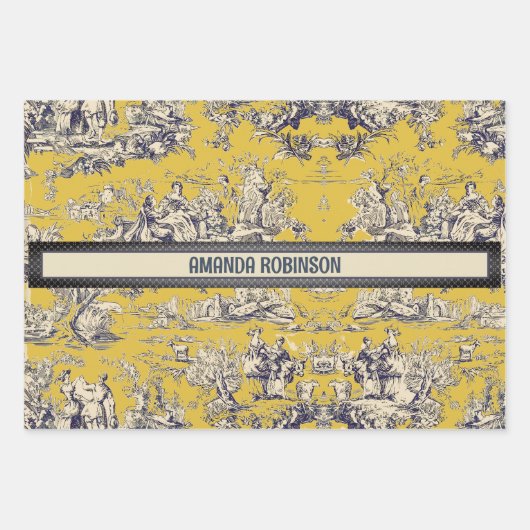 bloemig lakgeel toile de jouy monogram inpakpapier vel (Voorkant)